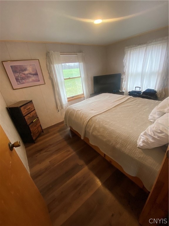 bedroom with dark hardwood / wood-style flooring