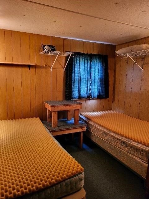 unfurnished bedroom featuring wood walls, carpet floors, and a textured ceiling