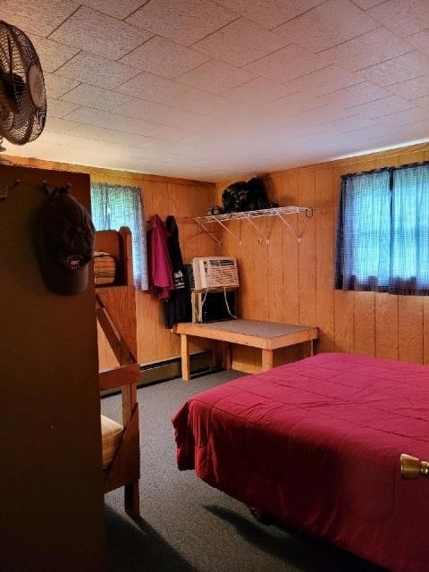 bedroom with wood walls, multiple windows, and carpet floors