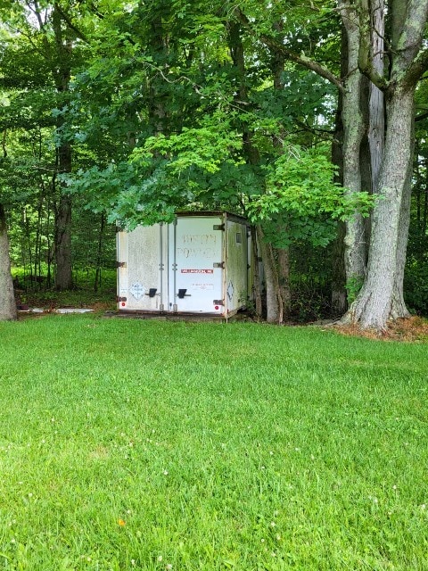 view of yard featuring a storage shed