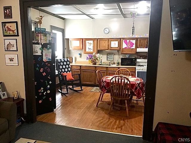 kitchen featuring sink, hardwood / wood-style flooring, and white range with gas stovetop