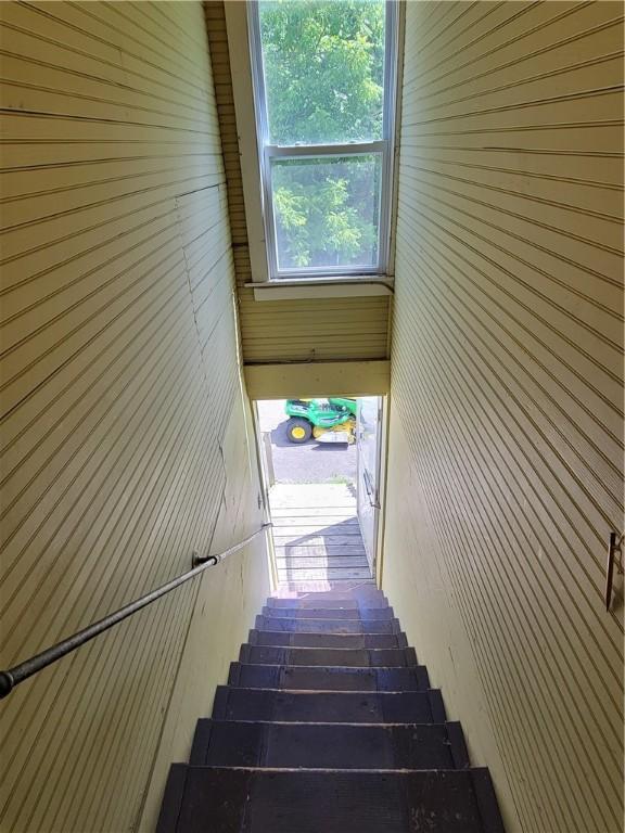 staircase with wood walls