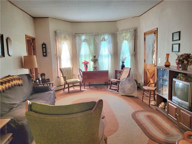 living room featuring carpet and ornamental molding