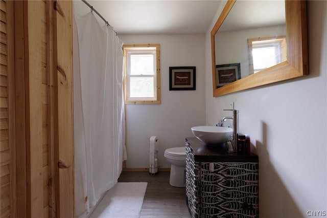 bathroom with vanity, toilet, and hardwood / wood-style flooring