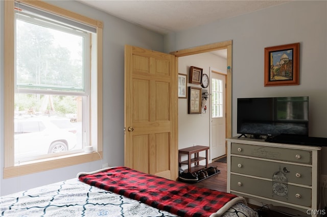 bedroom with dark hardwood / wood-style floors