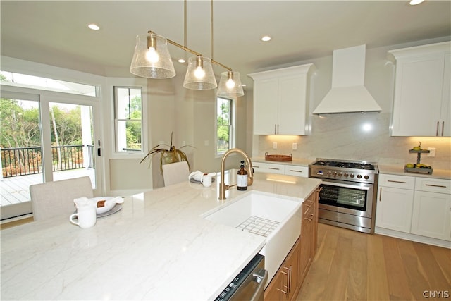 kitchen with light hardwood / wood-style flooring, white cabinets, custom range hood, and stainless steel appliances