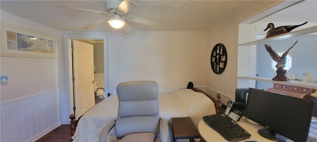 bedroom with wood-type flooring, ceiling fan, and crown molding