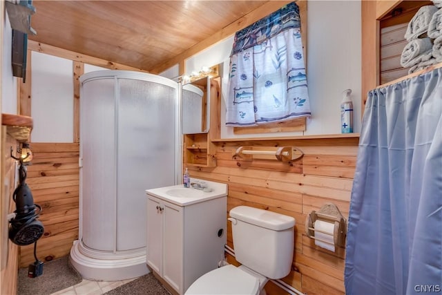 bathroom featuring tile patterned flooring, a shower with door, wooden ceiling, and wood walls