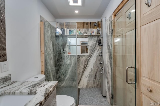 bathroom featuring toilet, vanity, and walk in shower