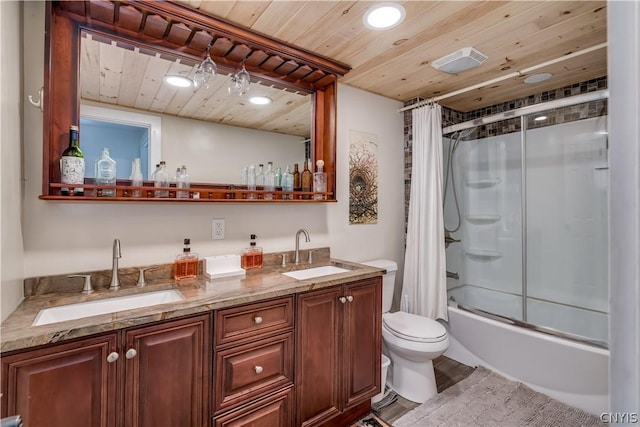 full bathroom featuring shower / tub combo with curtain, vanity, wooden ceiling, and toilet