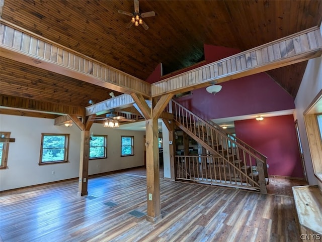 unfurnished living room with ceiling fan, hardwood / wood-style floors, high vaulted ceiling, and wooden ceiling