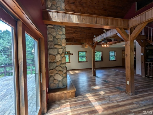 interior space featuring ceiling fan, wooden ceiling, hardwood / wood-style flooring, and lofted ceiling