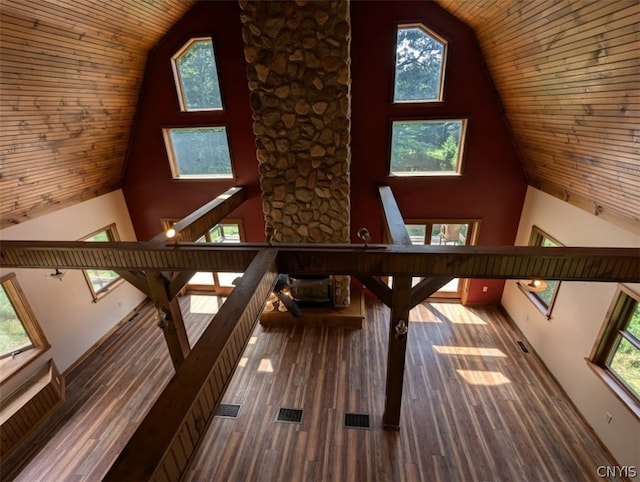 interior space with wood ceiling, high vaulted ceiling, and wood-type flooring