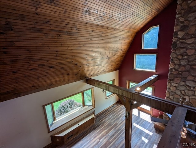 interior space featuring wood ceiling, a skylight, and hardwood / wood-style floors