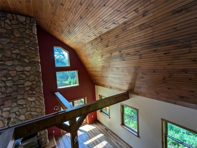 interior details featuring hardwood / wood-style flooring and wooden ceiling