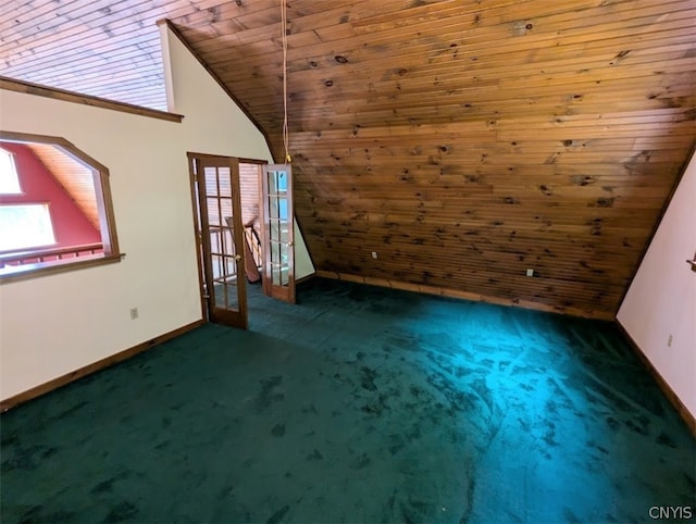 bonus room featuring wood walls, dark carpet, high vaulted ceiling, and wooden ceiling