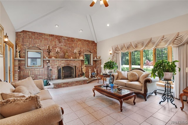 tiled living room featuring ceiling fan, a brick fireplace, and lofted ceiling with beams