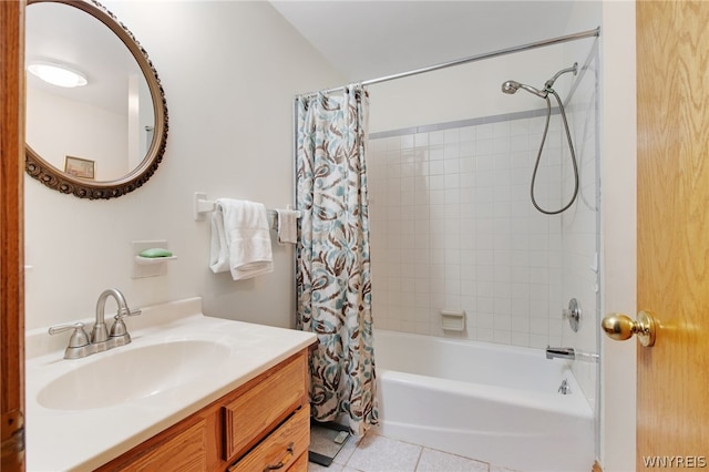 bathroom featuring vanity, tile patterned flooring, and shower / bathtub combination with curtain