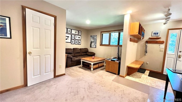 living room with light carpet