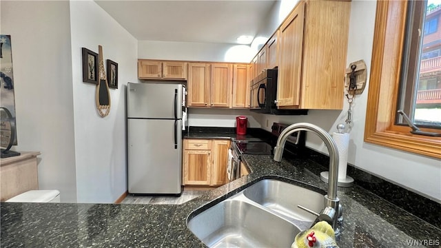 kitchen featuring dark stone countertops, sink, and appliances with stainless steel finishes