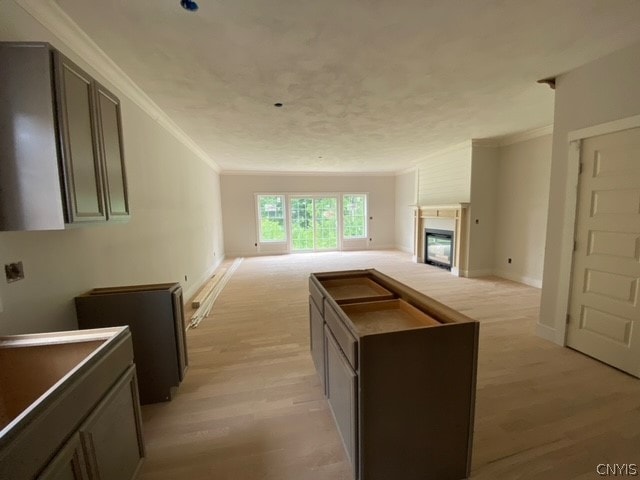 kitchen featuring ornamental molding and light hardwood / wood-style flooring