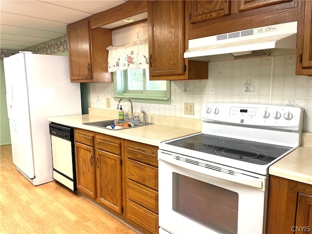 kitchen featuring decorative backsplash, sink, light hardwood / wood-style flooring, and white appliances