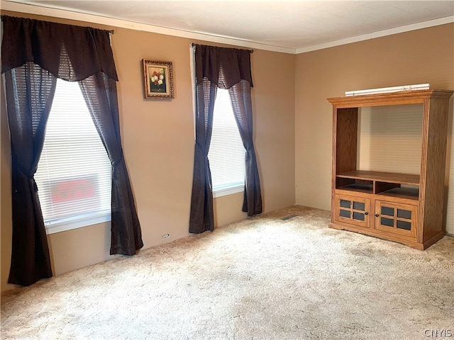 carpeted empty room with ornamental molding