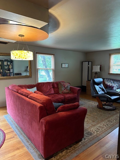 living room with plenty of natural light and hardwood / wood-style floors