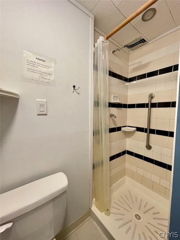 bathroom featuring a stall shower and toilet