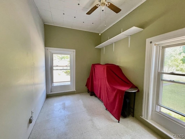 interior space with light floors, ceiling fan, multiple windows, and ornamental molding