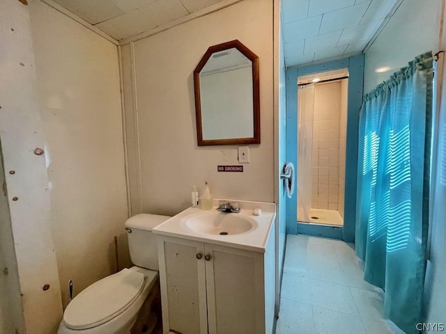 full bath featuring a stall shower, vanity, and toilet