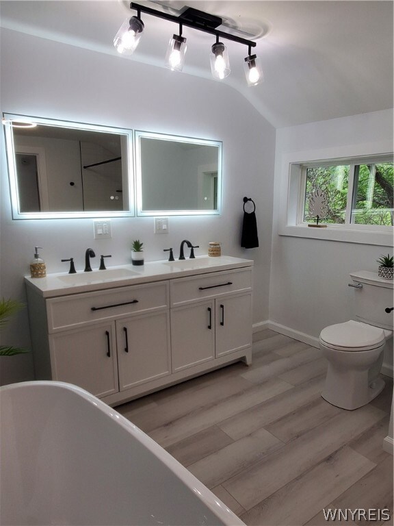 bathroom with lofted ceiling, dual bowl vanity, toilet, track lighting, and wood-type flooring