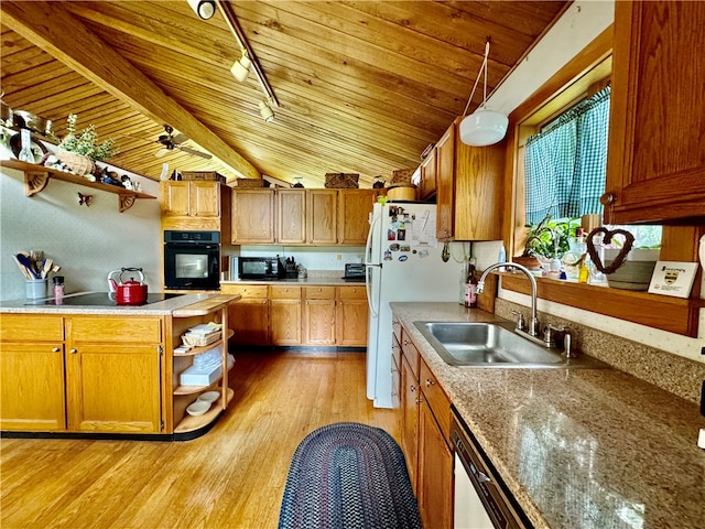 kitchen featuring lofted ceiling with beams, black appliances, sink, light hardwood / wood-style floors, and wooden ceiling