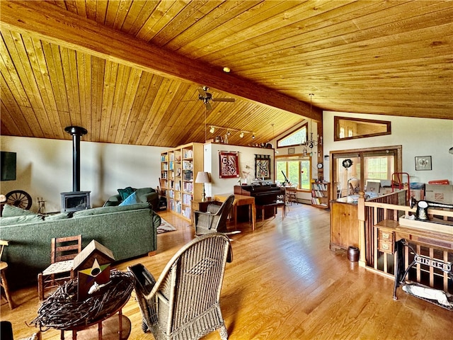 living room with lofted ceiling with beams, a wood stove, light wood-type flooring, wooden ceiling, and ceiling fan