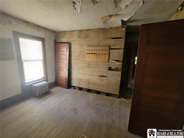 spare room featuring radiator heating unit and wood-type flooring