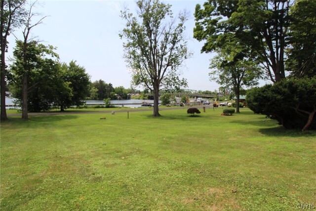 view of community featuring a lawn and a water view