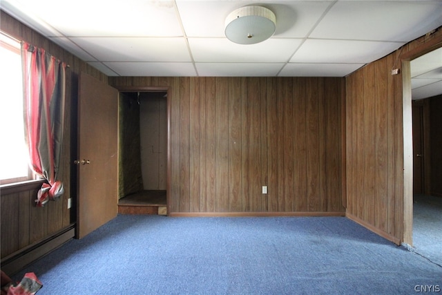 spare room with plenty of natural light, a drop ceiling, and wood walls