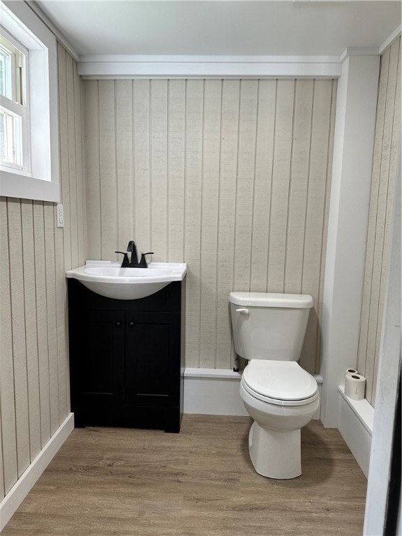 bathroom featuring vanity, toilet, and hardwood / wood-style floors