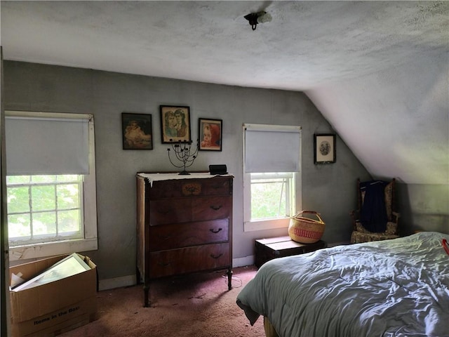 carpeted bedroom with multiple windows and vaulted ceiling