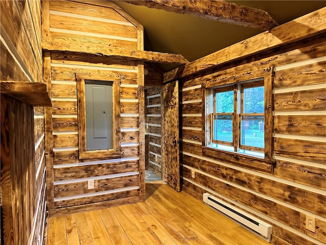 interior space with a baseboard heating unit and electric panel