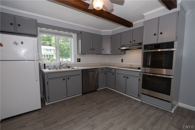 kitchen with gray cabinets, appliances with stainless steel finishes, wood-type flooring, and ceiling fan