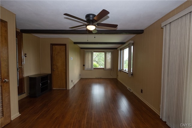 unfurnished living room with dark hardwood / wood-style floors, beamed ceiling, and ceiling fan