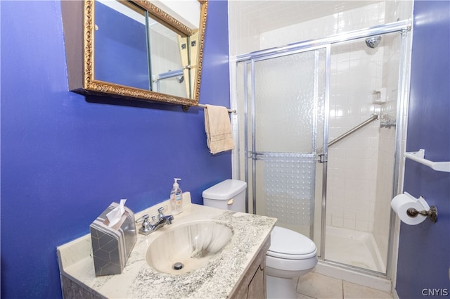 bathroom featuring tile patterned flooring, toilet, vanity, and an enclosed shower