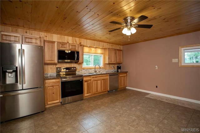 kitchen featuring sink, wooden ceiling, ceiling fan, and appliances with stainless steel finishes