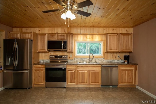 kitchen featuring wooden ceiling, stainless steel appliances, sink, and dark stone counters