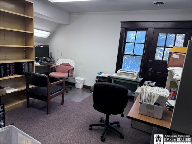 office space featuring vaulted ceiling with beams and carpet flooring