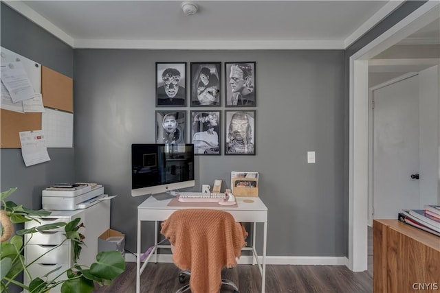 home office featuring dark wood-type flooring