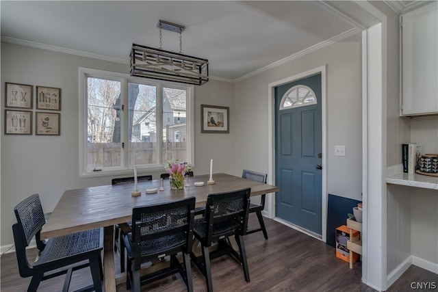 dining room with ornamental molding and dark hardwood / wood-style floors