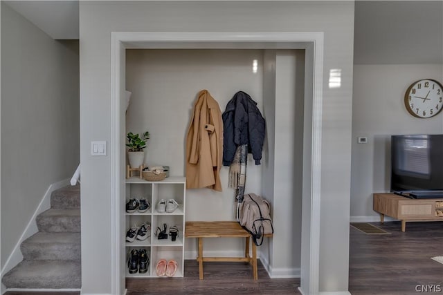 mudroom with dark hardwood / wood-style floors