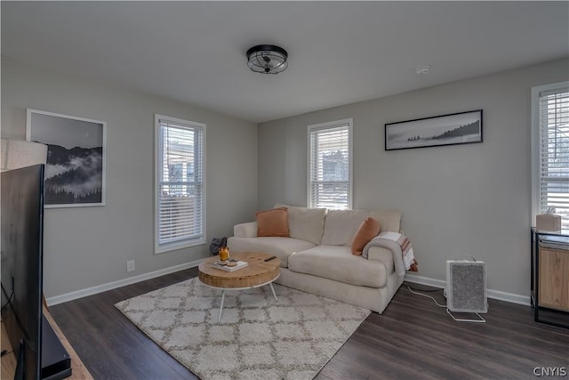 living room featuring dark hardwood / wood-style flooring and a healthy amount of sunlight